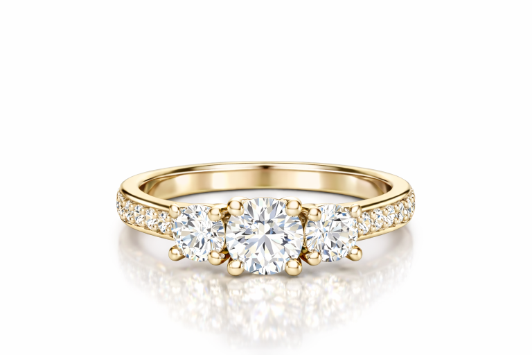 Briliáns 3 köves, oldalkövekkel 0.5CT + 2x 0.4CT eljegyzési gyűrű - Sárga arany