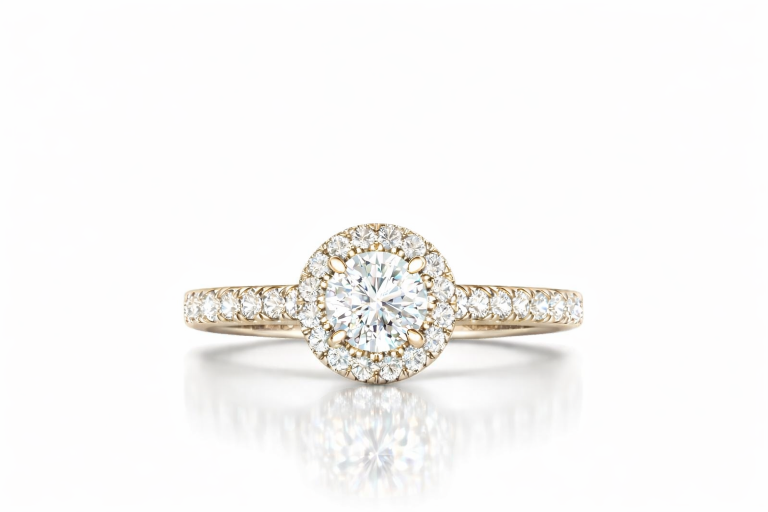 Briliáns Halo Pavé 0.5CT eljegyzési gyűrű - Sárga arany