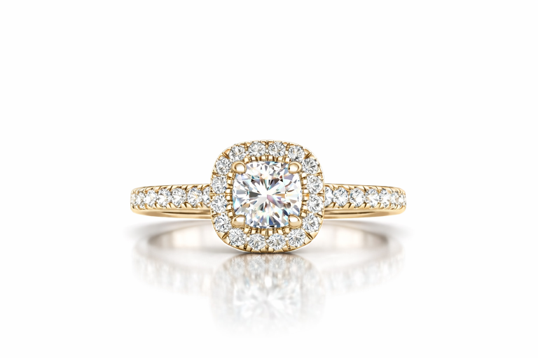 Párna Halo Pavé 0.65CT eljegyzési gyűrű - Sárga arany