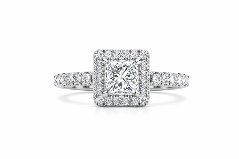 Princess Halo Pavé 0.8CT eljegyzési gyűrű - Fehér arany