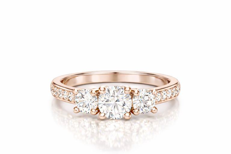 Briliáns 3 köves, oldalkövekkel 0.5CT + 2x 0.4CT eljegyzési gyűrű - Rozé arany